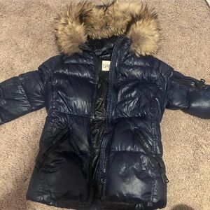 SAM. Navy Bomber Jacket with Faux Fur Hood